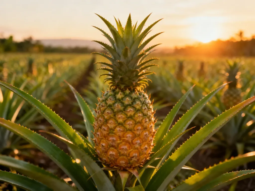 Dojrzały ananas rosnący na krzaku pośród rozległej plantacji w promieniach zachodzącego słońca.